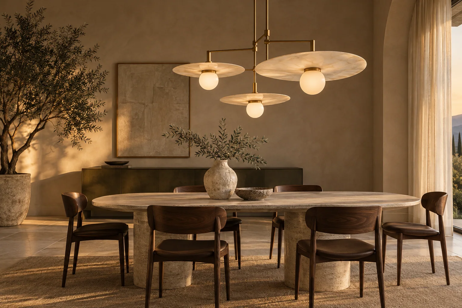 Warm contemporary dining room with a sculptural brass pendant light